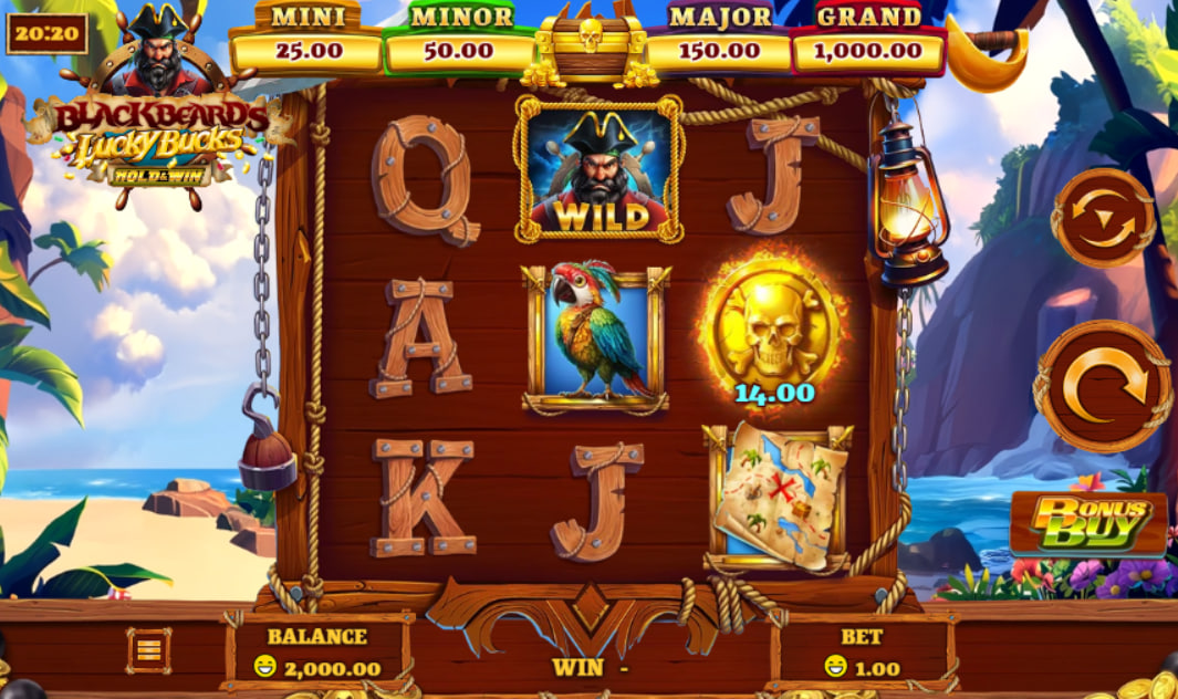 The main 3x3 game grid of Blackbeard's Lucky Bucks slot, showing the pirate theme and the four fixed jackpot values above the reels.