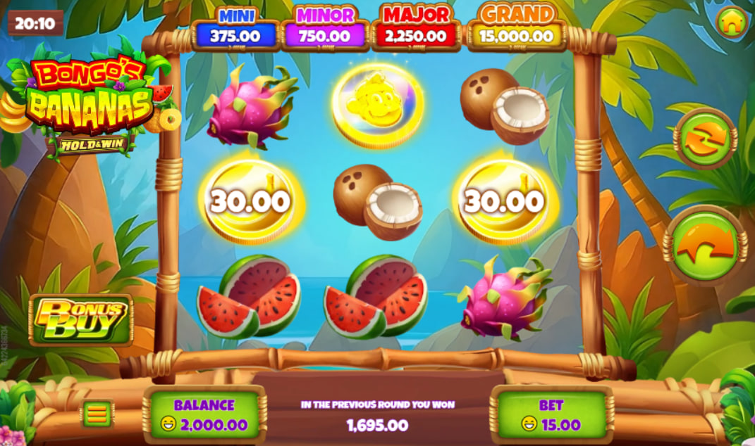 The 5x3 game grid of Bongo's Bananas slot, displaying the jungle theme and the four fixed jackpots above the reels, which represent the game's main prize potential for the player.The main play area in Bongo's Bananas, where the vibrant fruit and jungle symbols spin across a 5-reel, 3-row grid under the watch of four jackpot prizes.