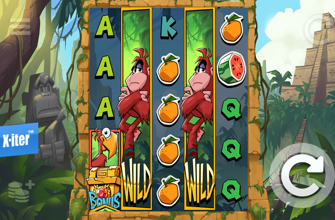 The main 5x3 game grid of Bonzo's Bananza during a standard spin, showing the jungle theme and cartoonish symbols.