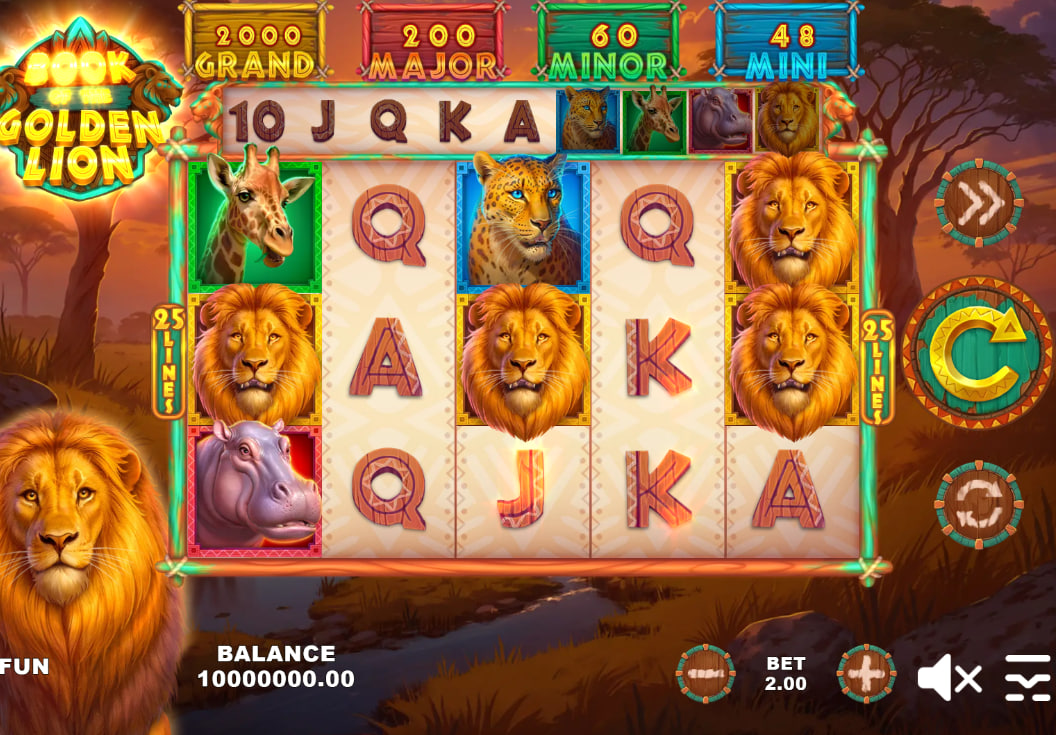 The main 5x3 game grid of the Book of the Golden Lion slot, showing African animal symbols and the fixed jackpot values above the reels, illustrating the core gameplay layout.