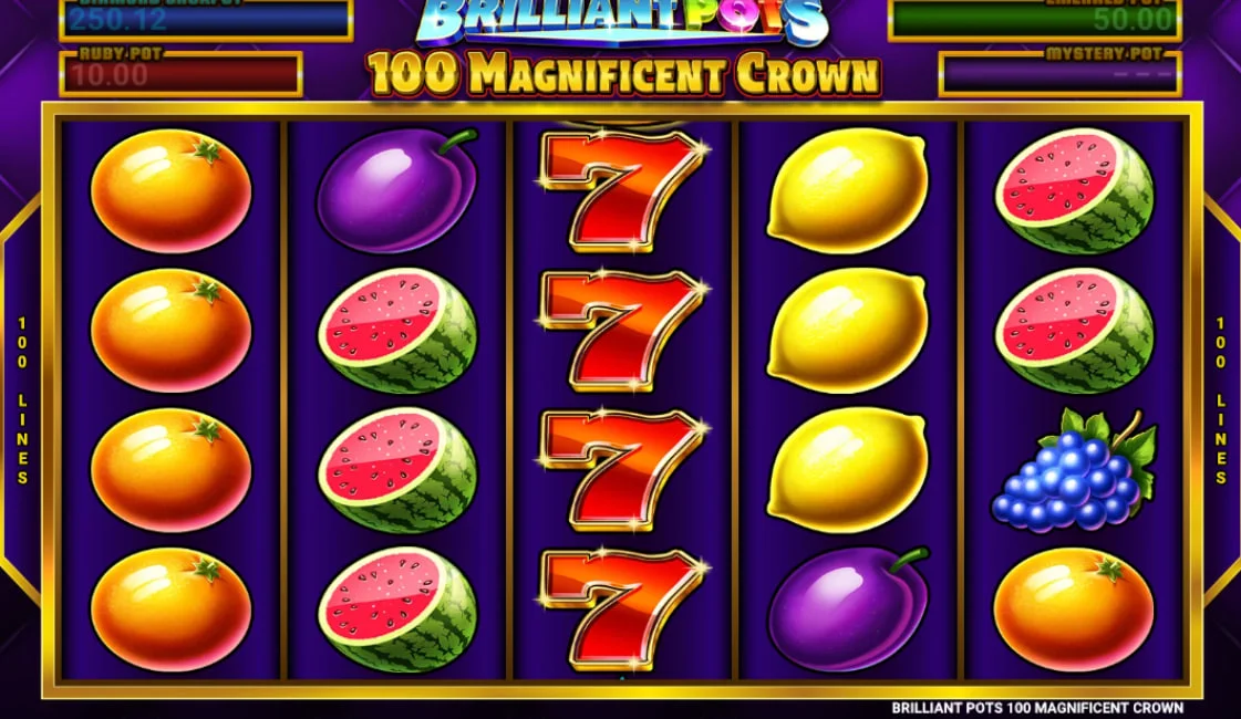 Full 5x5 grid of Brilliant Pots 100 Magnificent Crown slot showing fruit symbols and the 100-line layout for high hit frequency.