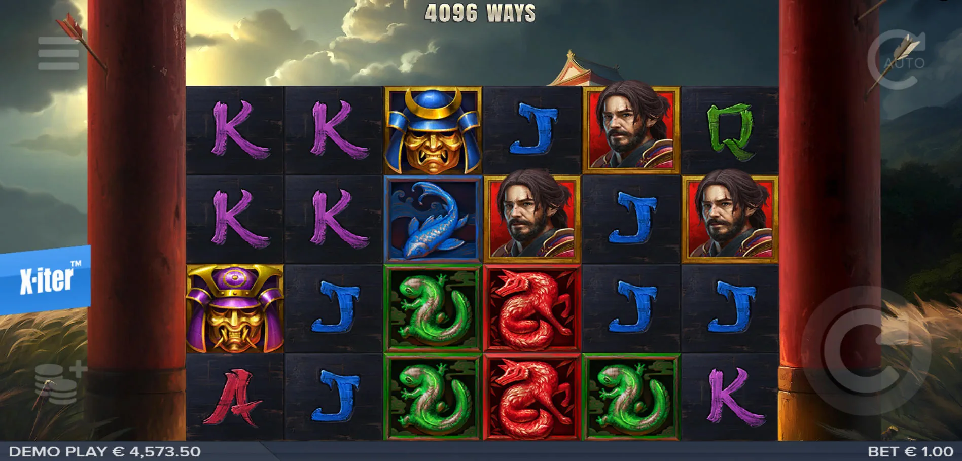 The standard 6x4 starting grid of Bushido Gold displaying a non-winning spin during the highly volatile base game