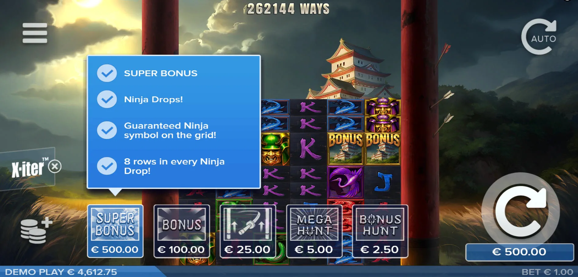 The X-iter feature buy menu showing the 500x Super Bonus option that guarantees an 8-row grid on every drop