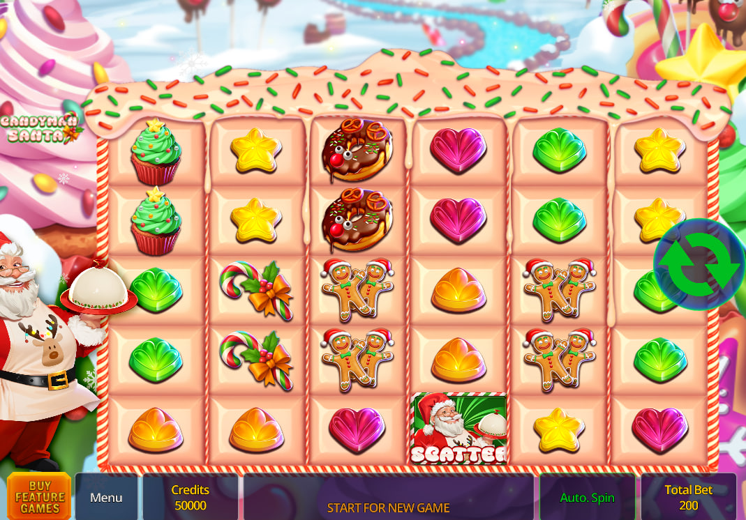 The main 5x5 game grid of the Candyman Santa slot, showing the colorful candy symbols and user interface, highlighting the Cluster Pays layout.