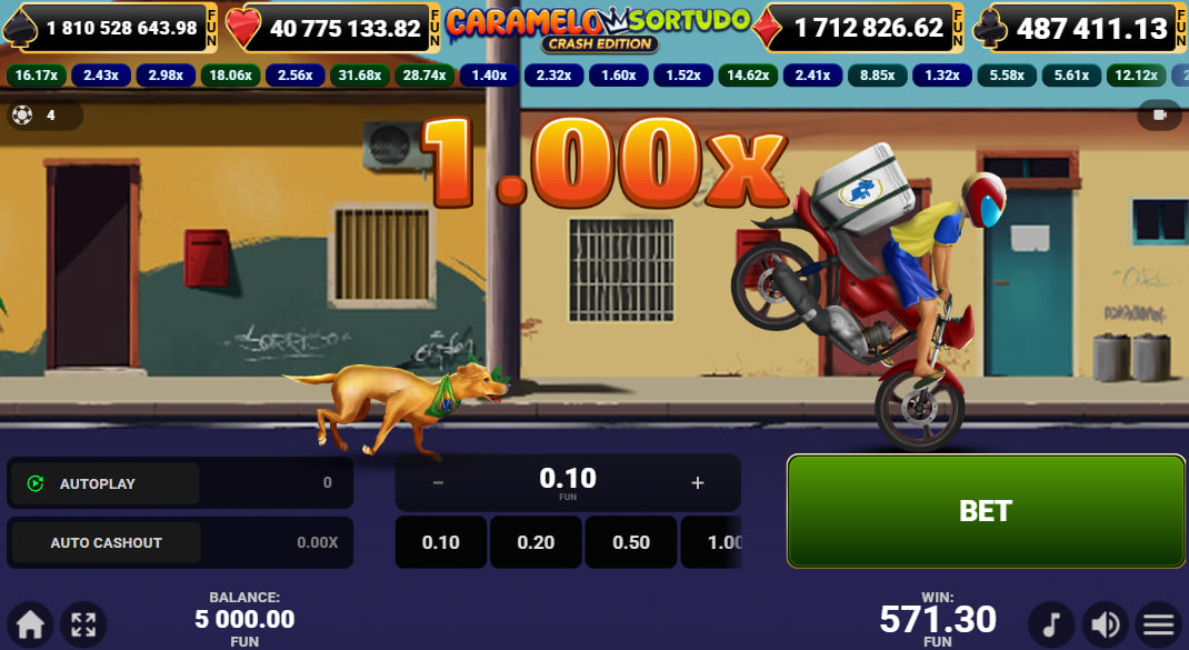 The betting interface for the Caramelo Sortudo crash game, showing bet adjustment controls before the round begins, highlighting the core player input screen.
