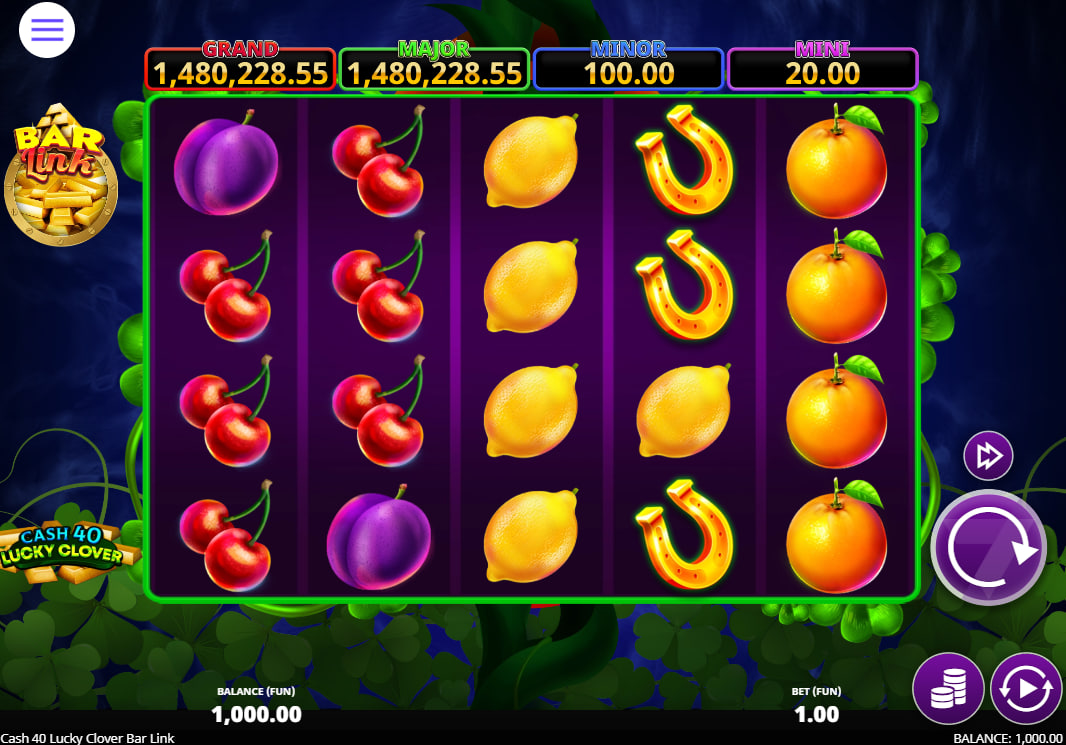 Cash 40 Lucky Clover Bar Link main 5x4 grid with fruit symbols and 4 jackpot values displayed at the top for player tracking.