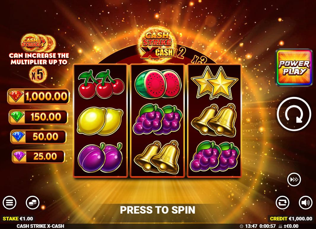 The base game grid of Cash Strike X Cash showing cash symbols on the outer reels, illustrating the tense moment while waiting for the central Collect symbol.