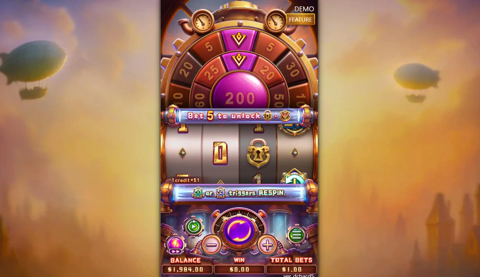 The Catla's Money Machine game grid at a minimum bet, showing the third reel locked, demonstrating the 'Bet to Unlock' mechanic to players.