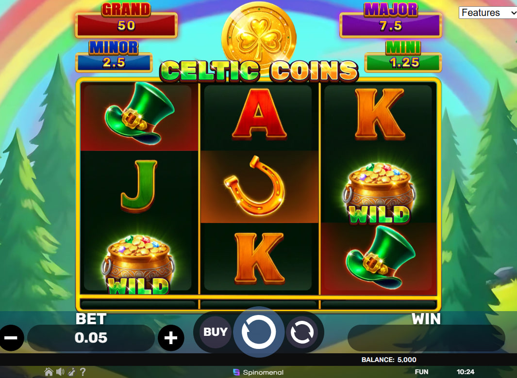 3x3 grid of Celtic Coins slot showing gold pot Wilds and leprechaun hats in the base game for standard win combinations.