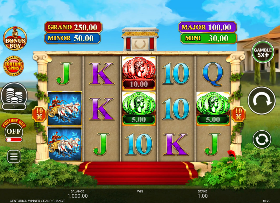 Main gameplay screen of Centurion Winner Grand Chance slot showing the 5x3 grid and Roman architecture theme to help players identify the UI layout.