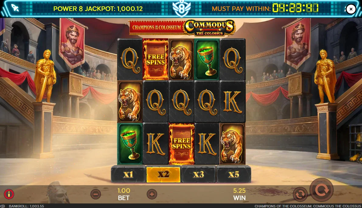 Base game grid of Champions of the Colosseum showing the X2 multiplier highlighted after a tumbling sequence, demonstrating the progressive win logic.