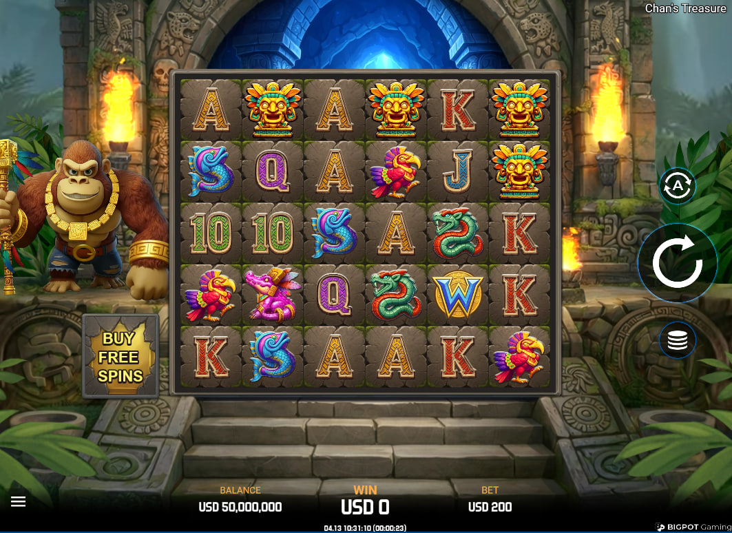 Main 5x5 grid of Chan's Treasure slot featuring jungle symbols and a gorilla guardian providing a full view of the base game layout.