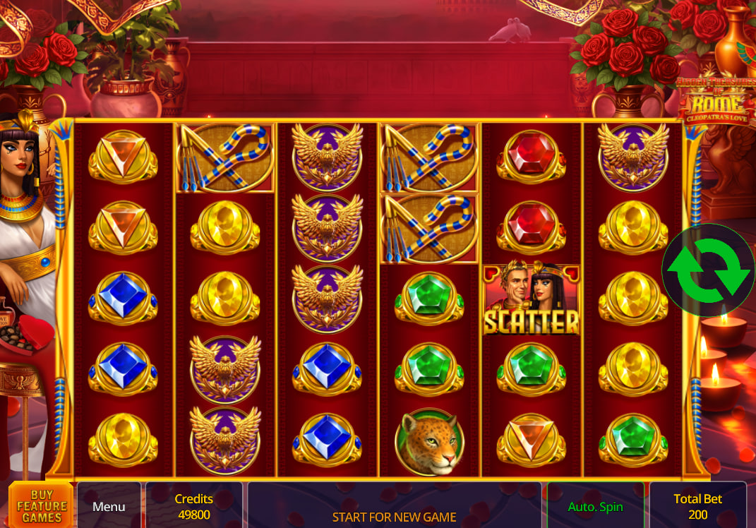 The main 5x3 game grid of Hidden Treasures of Rome – Cleopatra’s Love slot, showing the mix of Roman and Egyptian symbols on the reels.