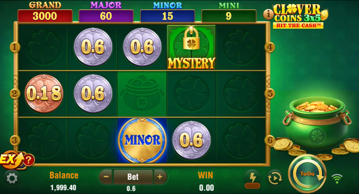 The 3x5 game grid of Clover Coins 3x5 slot, showcasing the Irish theme, various coin symbols, and the pot of gold collector on the side.