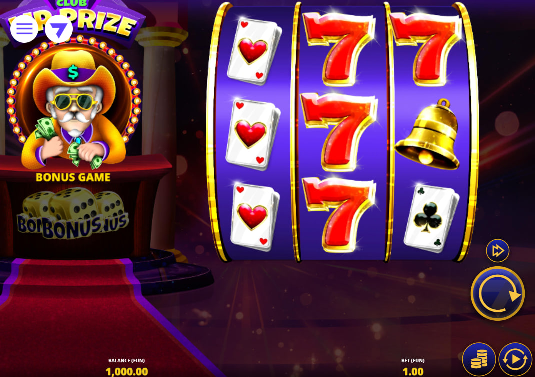 The 3x3 reel layout of the Club Mr. Prize slot, showing classic symbols and the mascot on the left, demonstrating the game's main interface.
