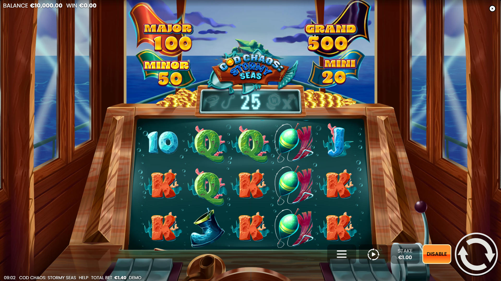 The start screen for Cod Chaos: Stormy Seas slot by Octoplay, featuring the three fishermen characters and the game logo, introducing the fishing theme.
