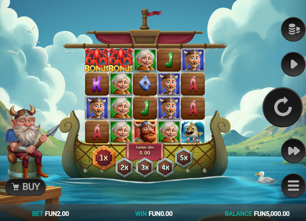 The main game screen of Cod of Thunder Dream Drop, showing the 5x4 reel layout on a Viking ship, which introduces the game's core visual theme to the player.