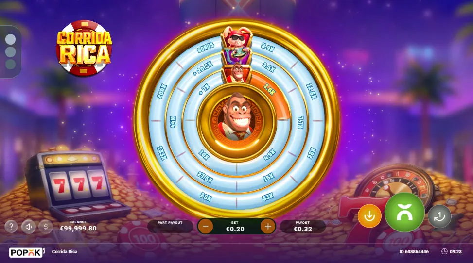 The main game screen of Corrida Rica slot showing the three concentric rings with multiplier values, the player's balance, and the bet controls, illustrating the starting point of a game round.