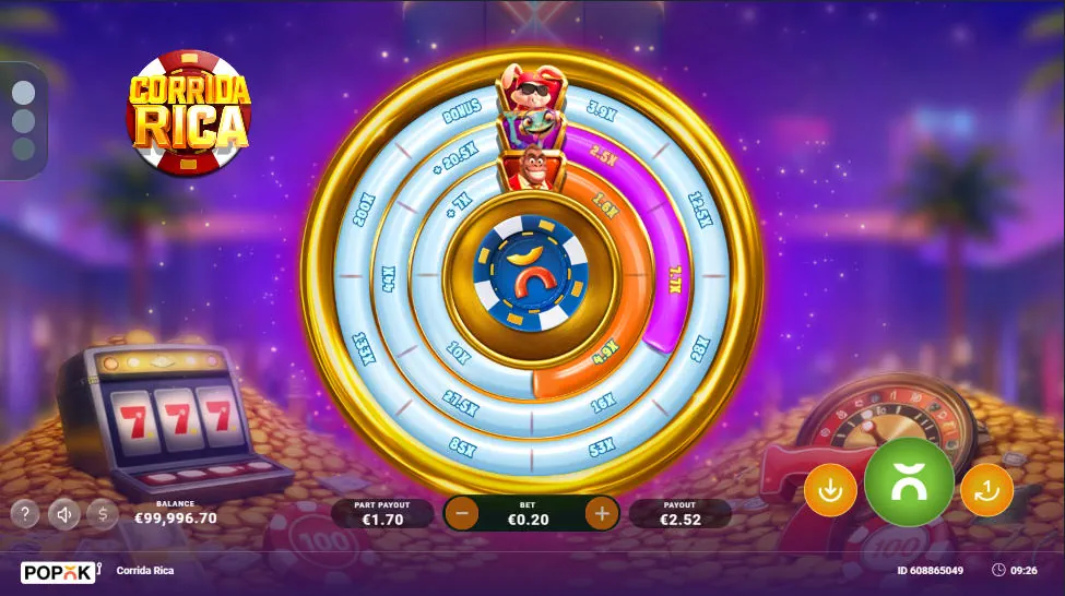 The Part Payout feature is active in the Corrida Rica slot, offering the player a chance to cash out partial winnings while progress is shown on the middle and outer rings.