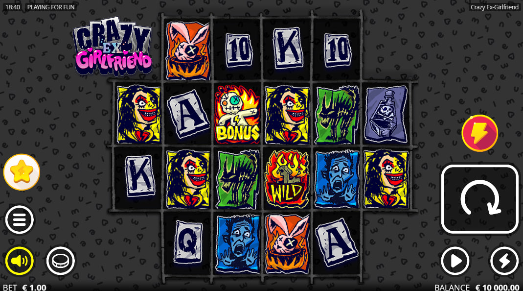 The main game grid of the Crazy Ex-Girlfriend slot, showcasing the unconventional 3-3-4-4-5-5 reel layout and the distinct character symbols, demonstrating the game's unique design.