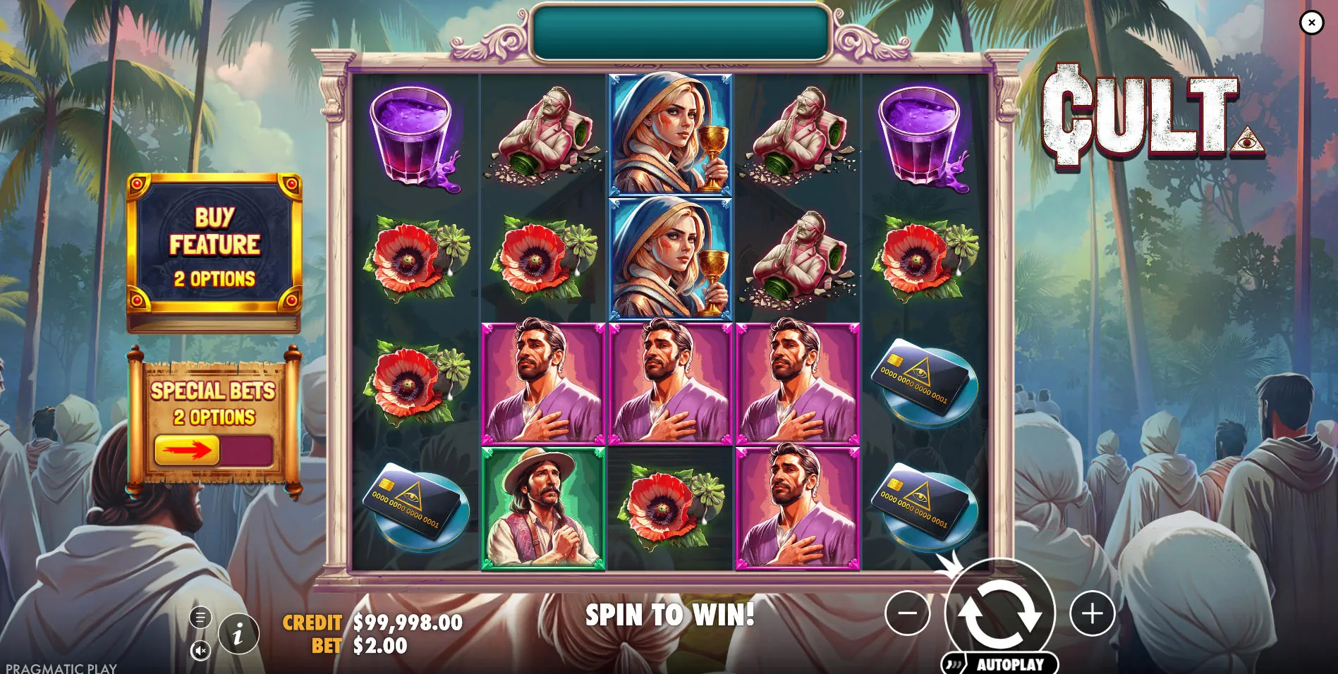 The base game screen of the CULT. slot, showing the 5x4 reel layout and character symbols, demonstrating the starting point of the gameplay for the player.