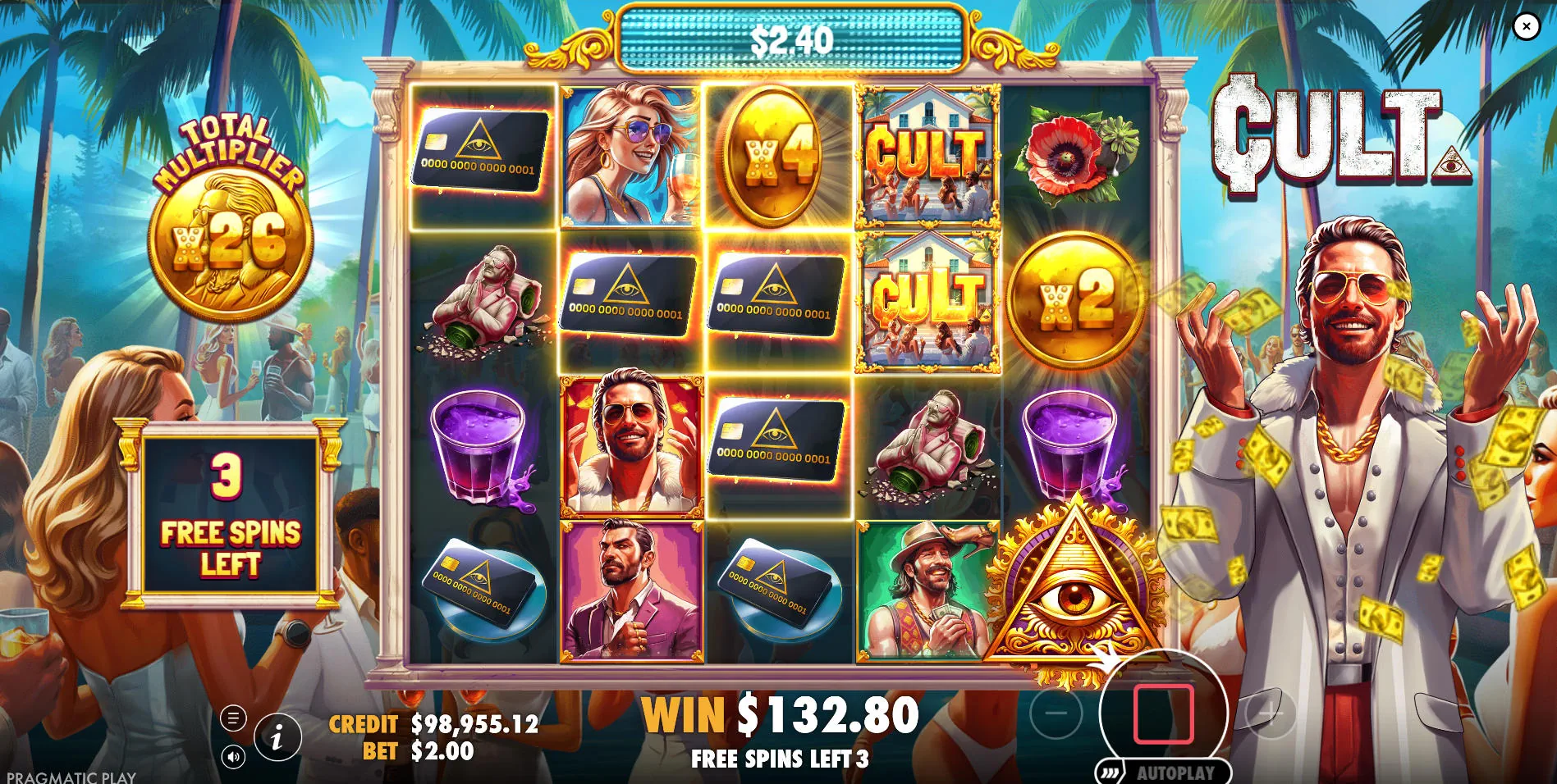 The Free Spins bonus round interface in the CULT. slot, displaying the accumulated Total Multiplier at 26x, which applies to all subsequent wins.