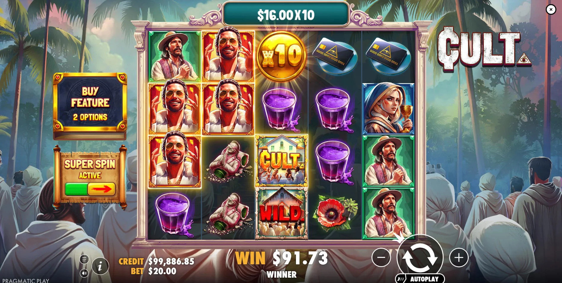 A winning combination on the CULT. slot featuring a glowing Multiplier Wild, showcasing how this feature boosts base game payouts.