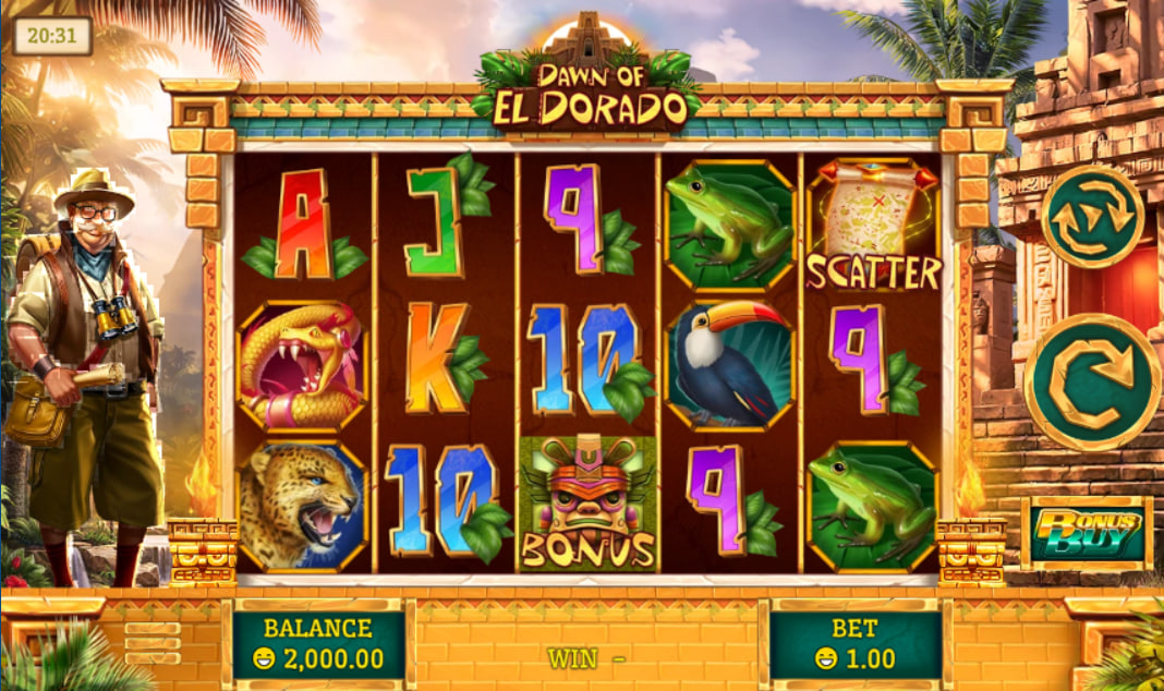 The base game grid of the Dawn of El Dorado slot, showing the explorer and jaguar symbols on the 5x3 reels, demonstrating the game's adventure theme.