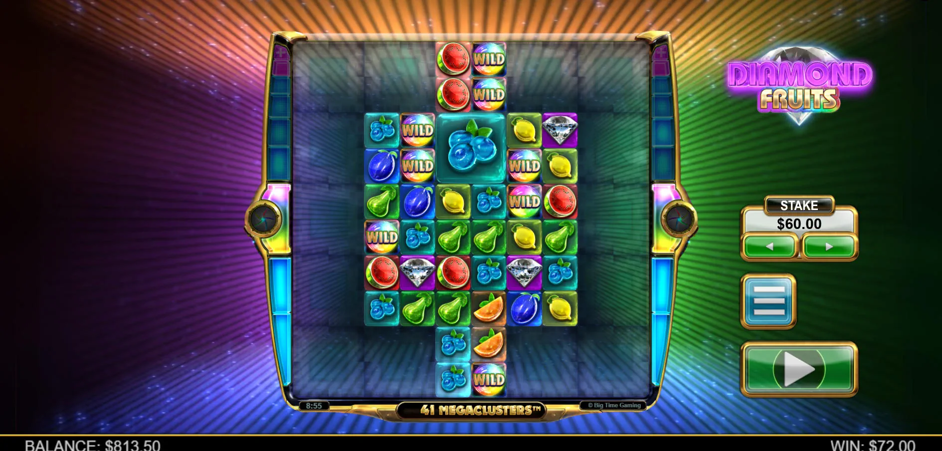 The Wild Cannon bonus feature fires multiple Wild symbols onto the Diamond Fruits reels, showing how this modifier can create new winning clusters.