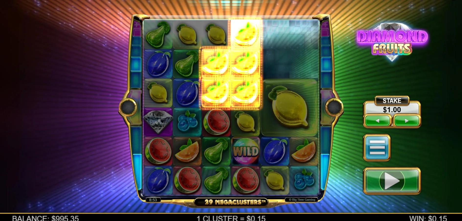 A winning cluster of seven watermelon symbols highlighted on the Diamond Fruits grid, demonstrating the cluster pays system before the reaction sequence begins.