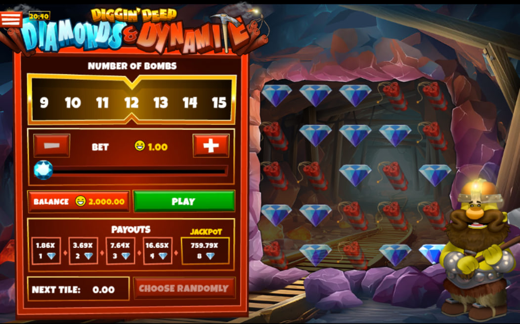 The starting game board of Diggin' Deep with 25 unopened tiles and the interface showing a 1.00 bet and 9 bombs selected, illustrating the game's initial setup.