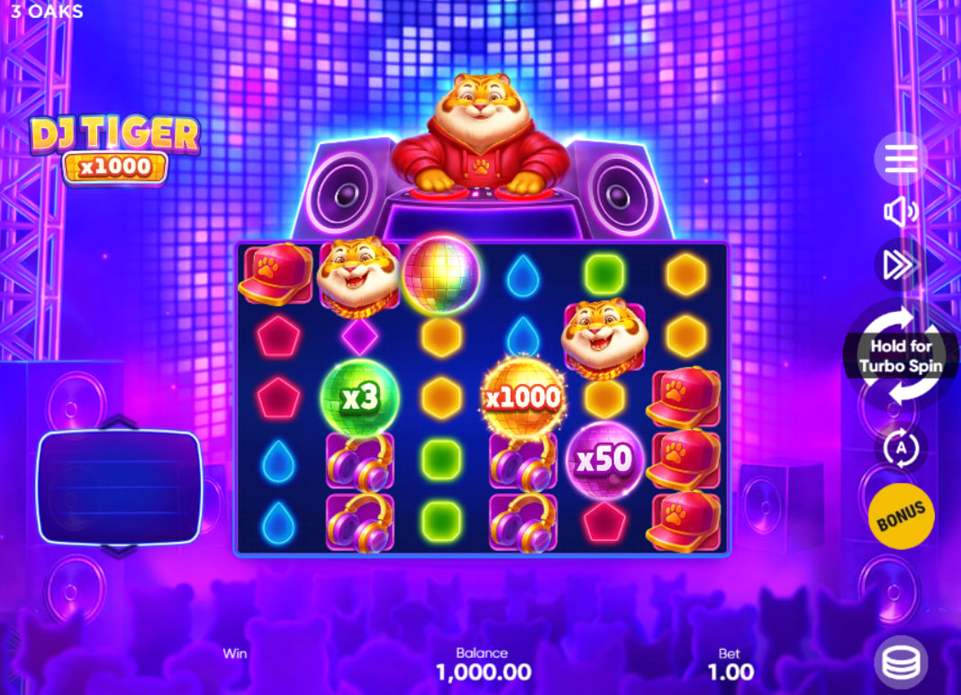 The main game grid of the DJ Tiger x1000 slot, showing the 6x5 reel layout and vibrant neon symbols before a spin.