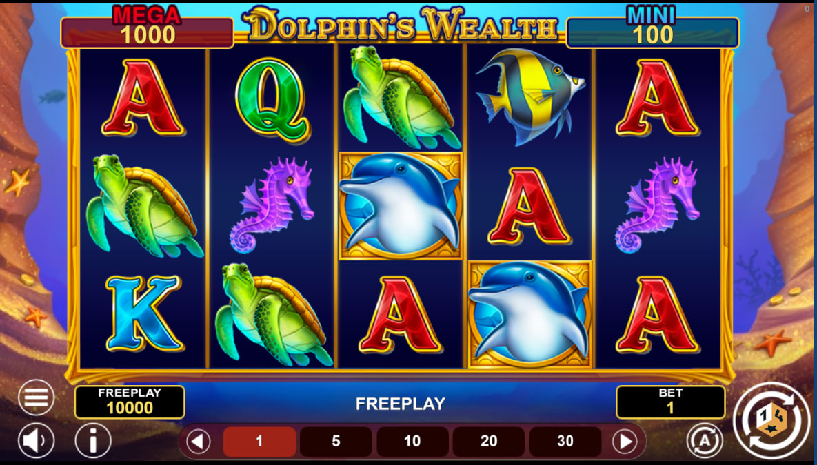 The 5x3 reel layout of the Dolphin's Wealth slot game by 1spin4win, showing the aquatic-themed symbols and user interface.