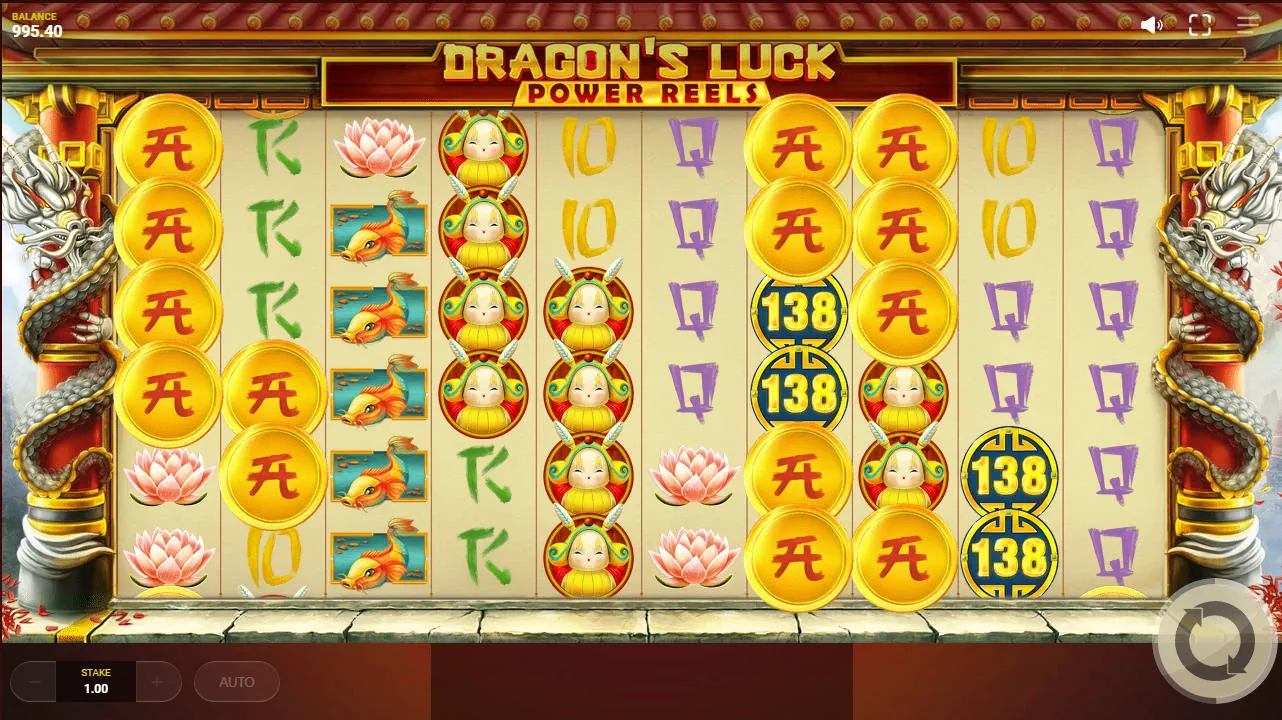 The massive 10x6 grid in Dragon's Luck Power Reels showing scattered gold Dragon Coins before they reveal mystery symbols