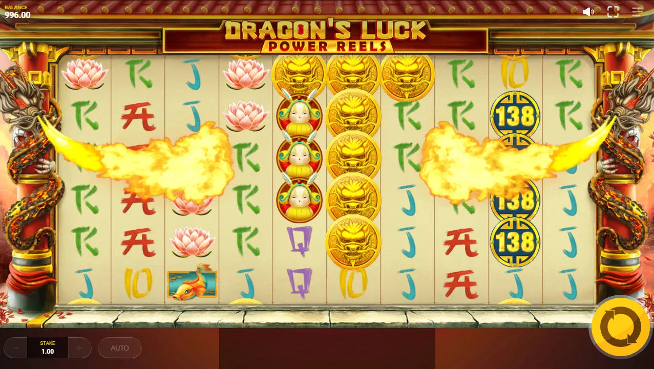Stone dragons breathing fire onto the reels in Dragon's Luck Power Reels to upgrade mystery symbols