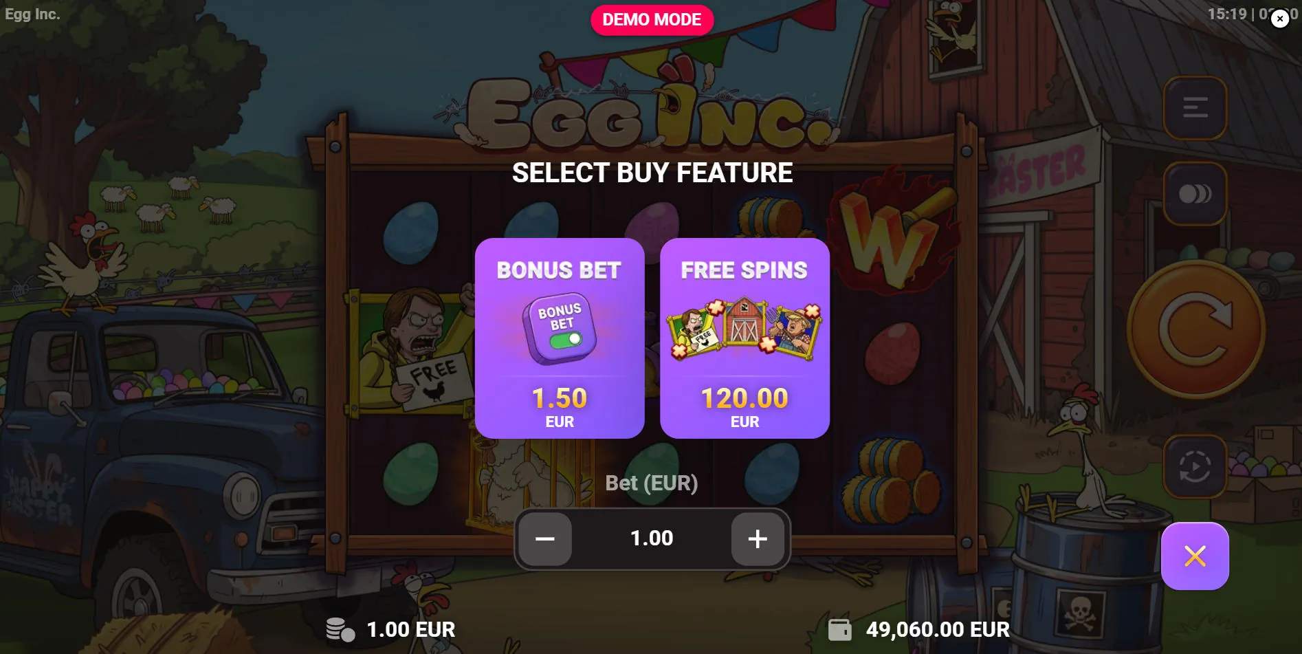 Buy Feature menu showing the 120x cost for Free Spins and the 50 percent premium for the Bonus Bet in Egg Inc slot