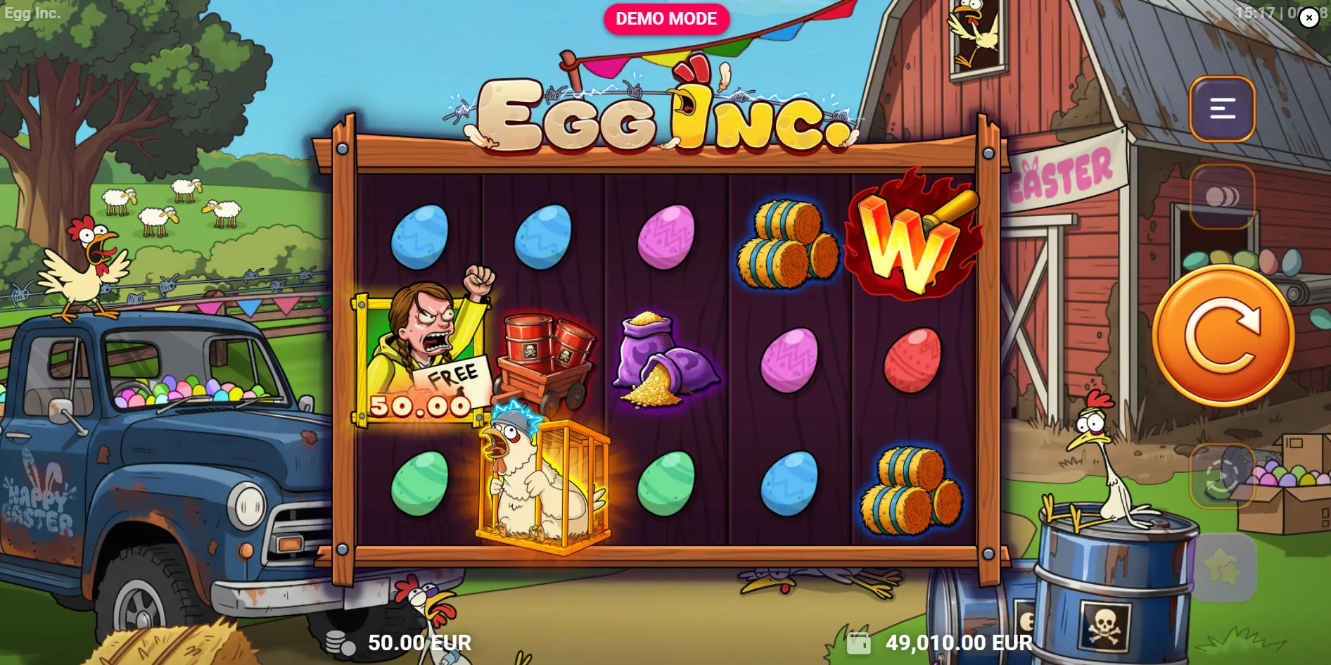 Eco-activist scatter on the first reel collecting multiplier values from chicken cages in the base game of Egg Inc slot