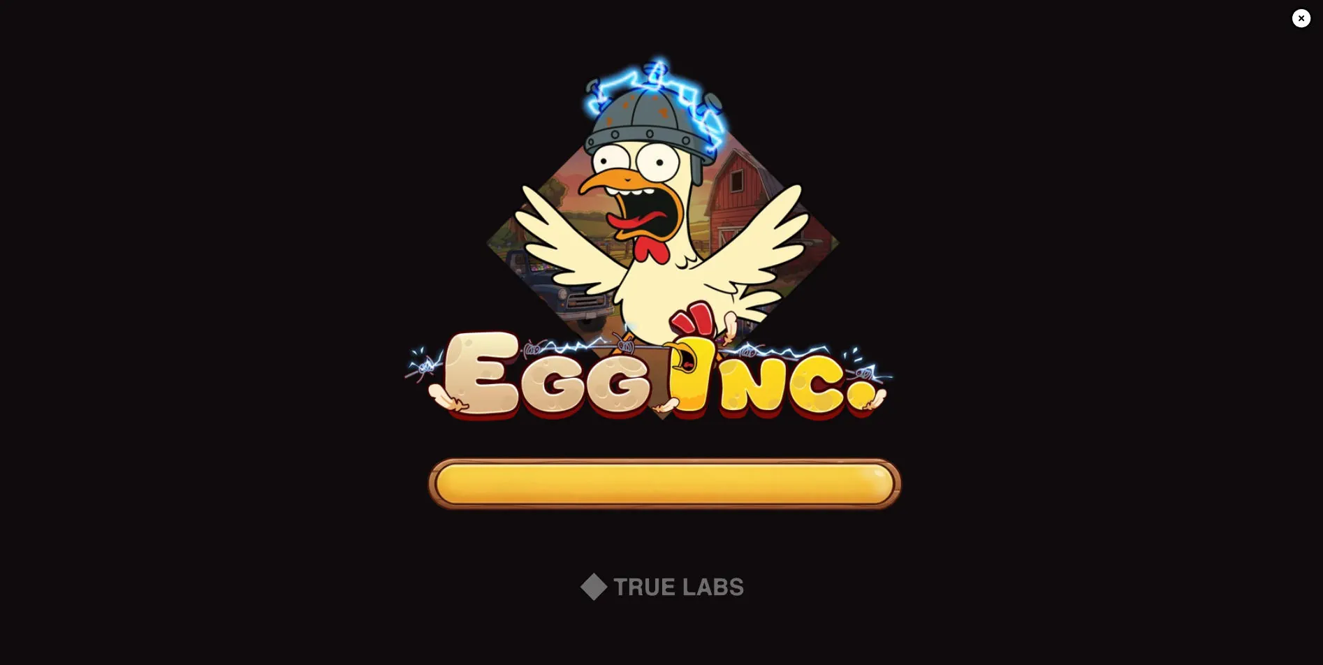 Crazy chicken wearing a tinfoil mind-control hat on the loading screen of Egg Inc slot, introducing the bizarre farm theme to the player