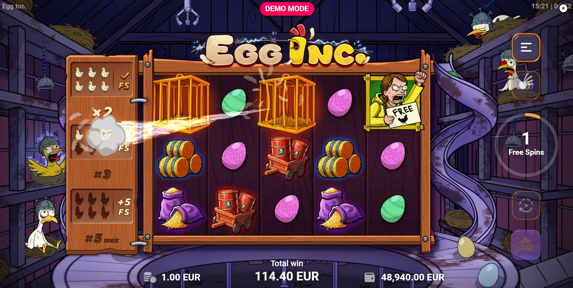 Four-level progressive multiplier collector meter on the left side of the grid during the Rescue Free Spins in Egg Inc slot