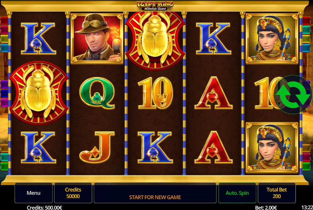 The base game screen of Egypt King Obelisk Quest showing a winning combination of Explorer symbols, highlighting the slot's high-value payout potential.
