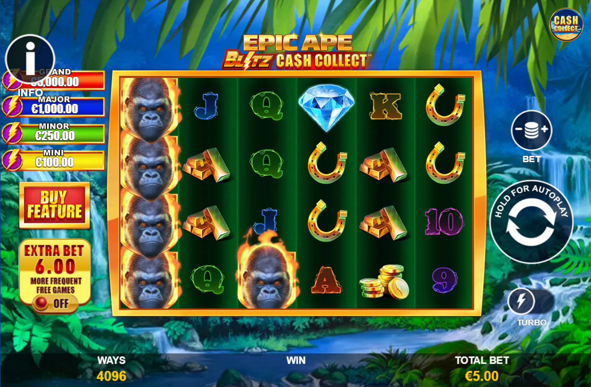 The main 6x4 game grid of Epic Ape: Blitz Cash Collect slot, showing the jungle theme and 4096 ways-to-win layout for players.