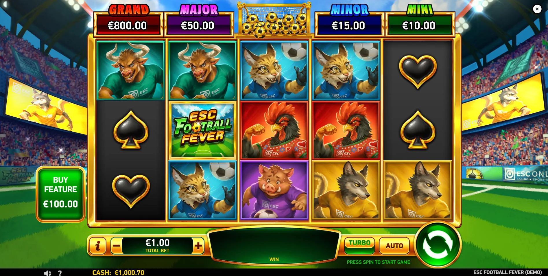 ESC Football Fever base game grid showing 5 reels, sports symbols, and 50 paylines, essential for understanding the main slot interface.