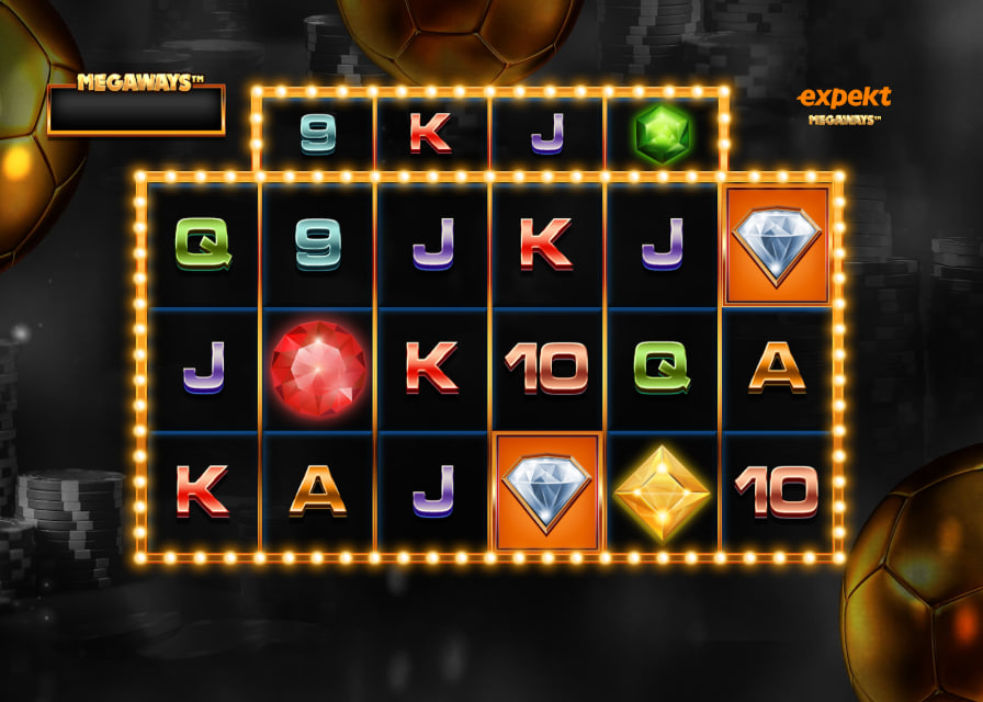 Expekt Megaways main 6-reel grid with tracker reel showing a combination of card symbols and gemstones for payout visualization.