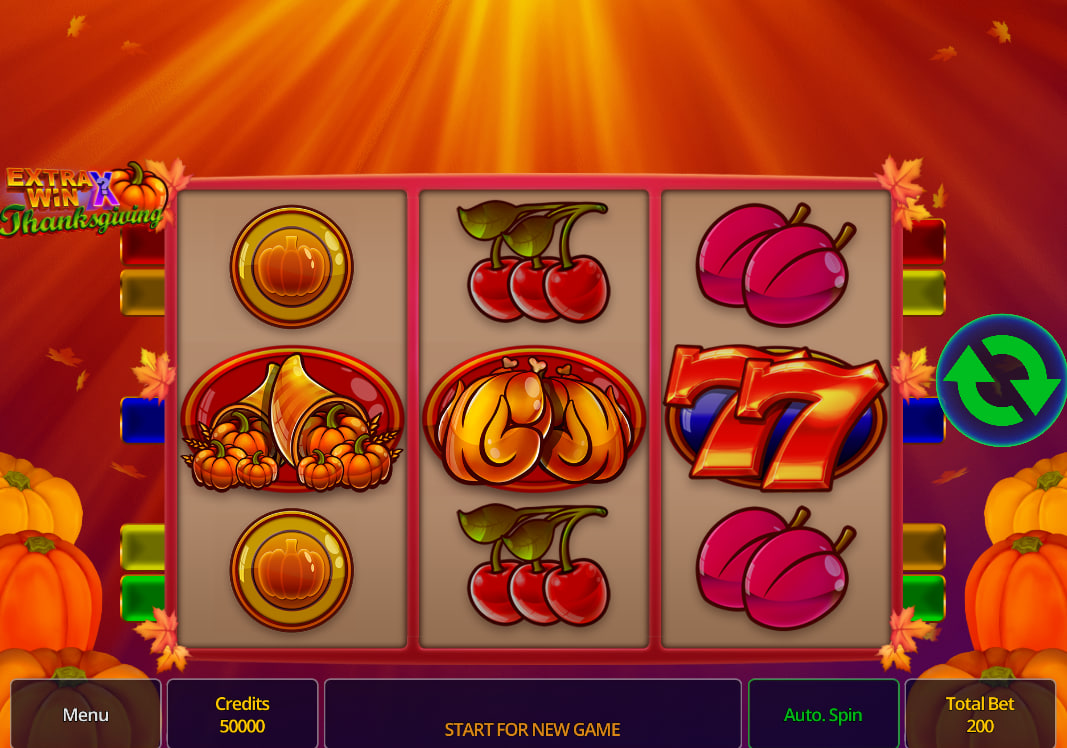 Extra Win X Thanksgiving main game grid showing the classic 3x3 reel layout and Thanksgiving theme symbols on the screen.