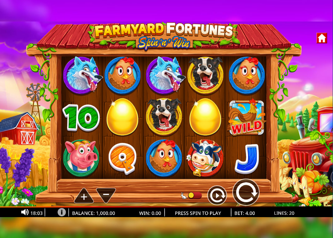 The main 5x3 game grid of Farmyard Fortunes Spin ‘n’ Win, showing the various animal and card symbols during normal gameplay, highlighting the slot's layout.