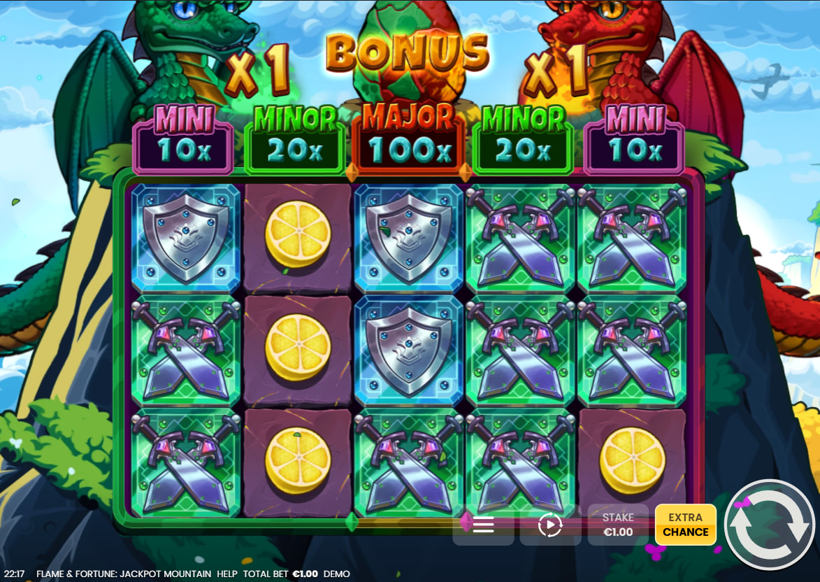 The main 5x3 game grid of Flame & Fortune slot, showing the dueling dragons and jackpot values, demonstrating the base gameplay for players.