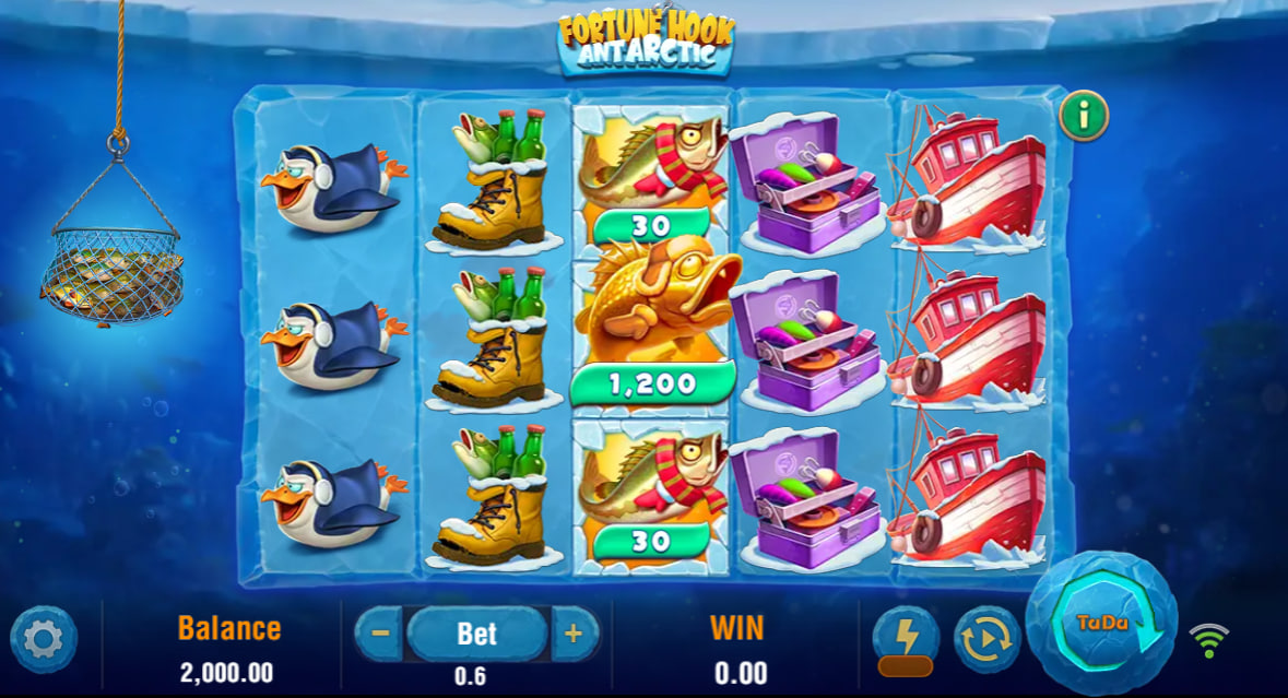 The base game grid of Fortune Hook Antarctic showing a Fisherman WILD collecting several valuable Fish Money Symbols for an instant cash prize.