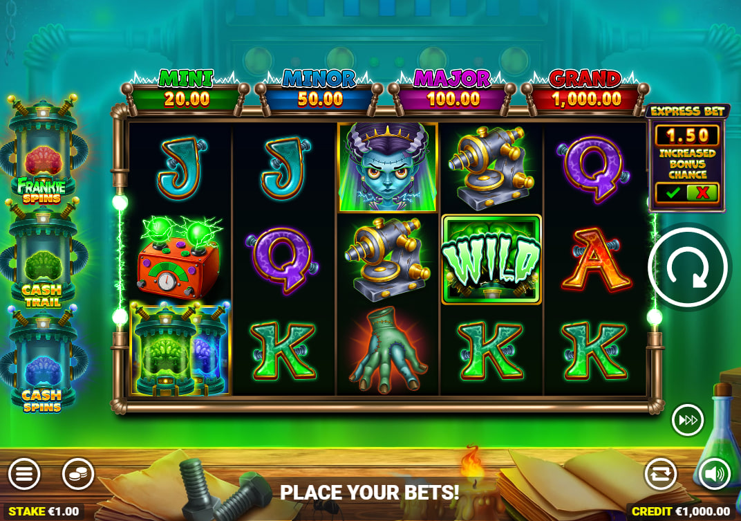 The main 5x3 reel layout of Frankenstein's Fortune slot, showing the monster symbol and collection jars, illustrating the game's core interface for players.