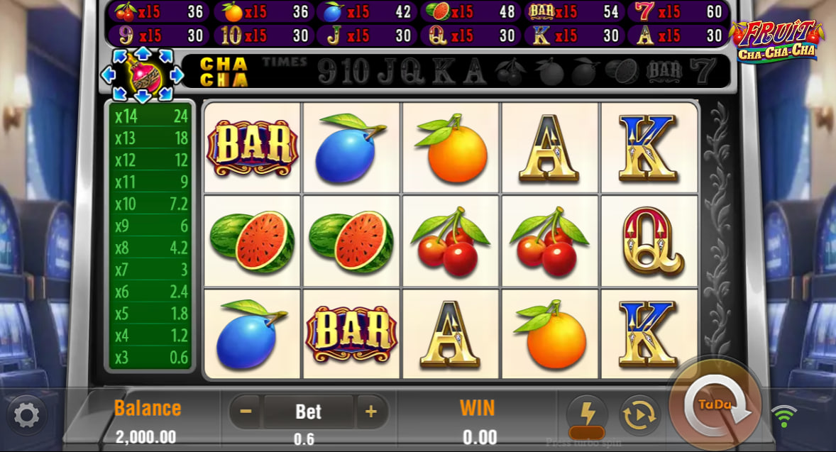 The base game screen of the Fruit Cha Cha Cha slot, showing the 5x3 reel grid, fruit symbols, and the Cha Cha Times multiplier ladder on the left.