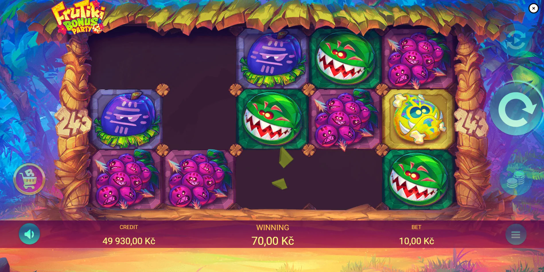 Symbols bursting in Frutiki Bonus Party slot during a winning cascade, demonstrating the crushing symbols mechanic that allows multiple wins.
